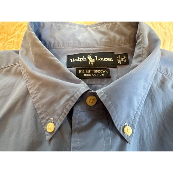 Ralph Lauren Big Button Down Shirt 16 34/35 Blue 100% Cotton Long Sleeve FLAW - Picture 4 of 6